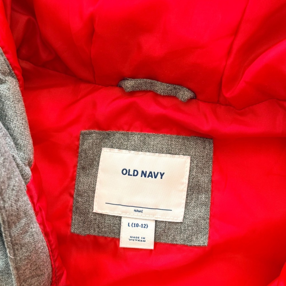 Old Navy Kids Grey Quilted Hooded Puffer Vest Red Lining Size L 10-12 - Picture 6 of 7
